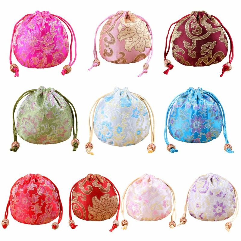 Floral Embroidery Flower Drawstring Bag Jewelry Packing Bag Beaded Small Coin Purse Wallet Hanfu Wrist Bag Ethnic Style