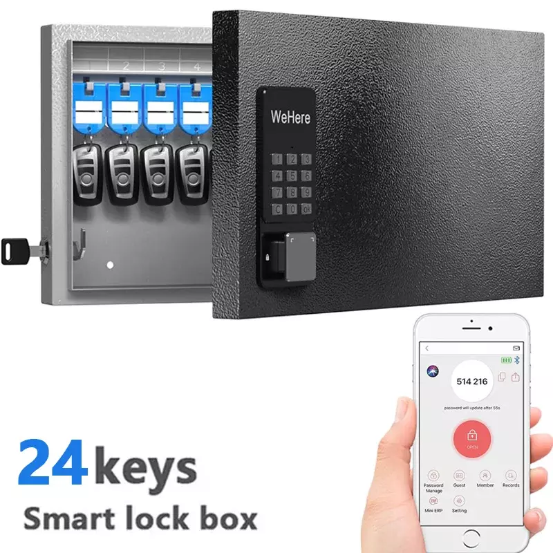 WeHere 24 Key Lock Box, Intelligent Wall Mounted Key Storage Cabinet,OTP/APP Bluetooth/fixed Code Unlocking Key Management Safe