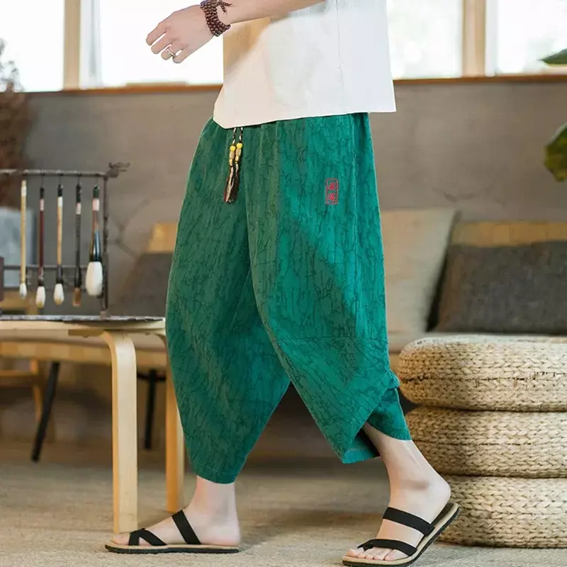 Celana pendek tradisional Kimono Jepang celana mandi pria celana panjang kaki lebar Linen Yukata Jepang longgar kasual pria