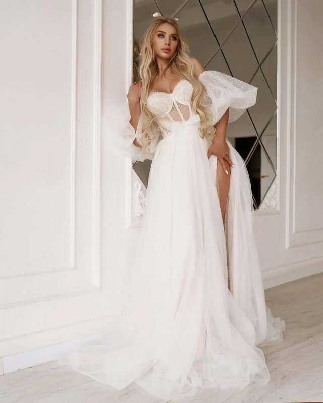 Długi z odpinanym kapturem rękawy słodko Polla Dot tiul Boho plażowe sukienki ślubne rozcięcia po bokach wykonane na zamówienie 2024 Vestido De Noival