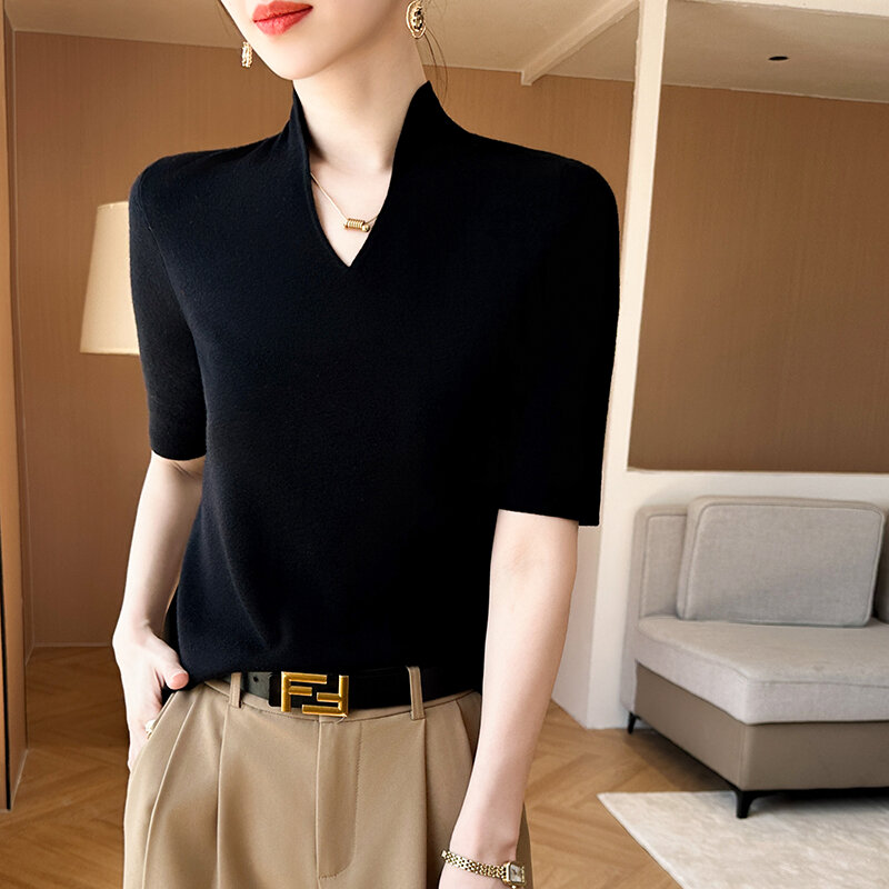 T-shirt da donna estate nuova maglieria di lana pettinata Casual tinta unita top da donna colletto alla coreana Pullover manica corta Slim Tees