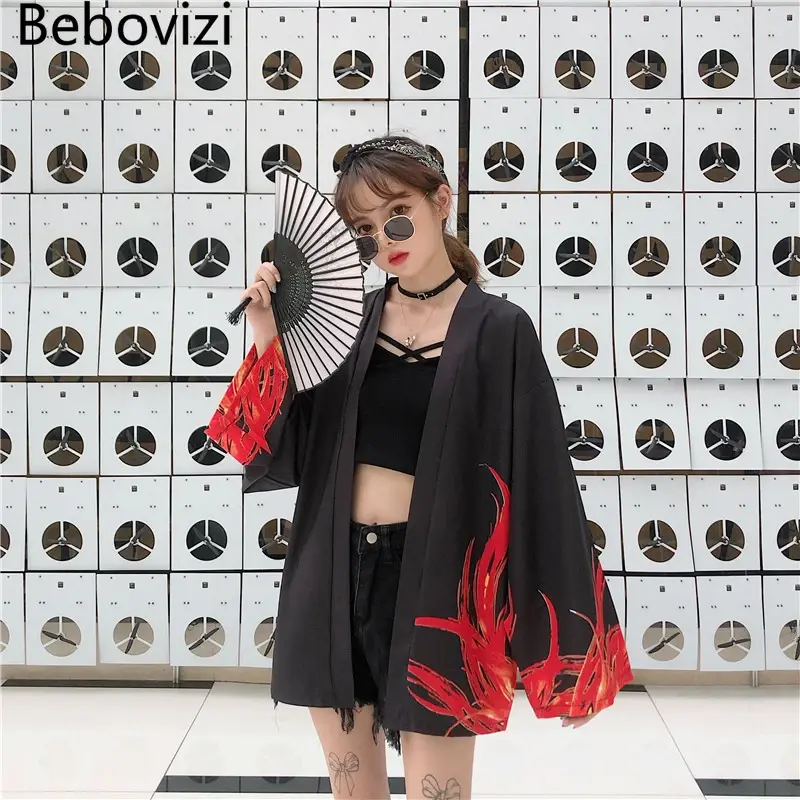 Bebovizi สไตล์ญี่ปุ่น Flaming Phenix พิมพ์ Cardigan Kimono Harajuku ผู้หญิงผู้ชายเซ็กซี่ Yukata หญิง Streetwear แบบดั้งเดิมเสื้อคลุมฮาโอริ
