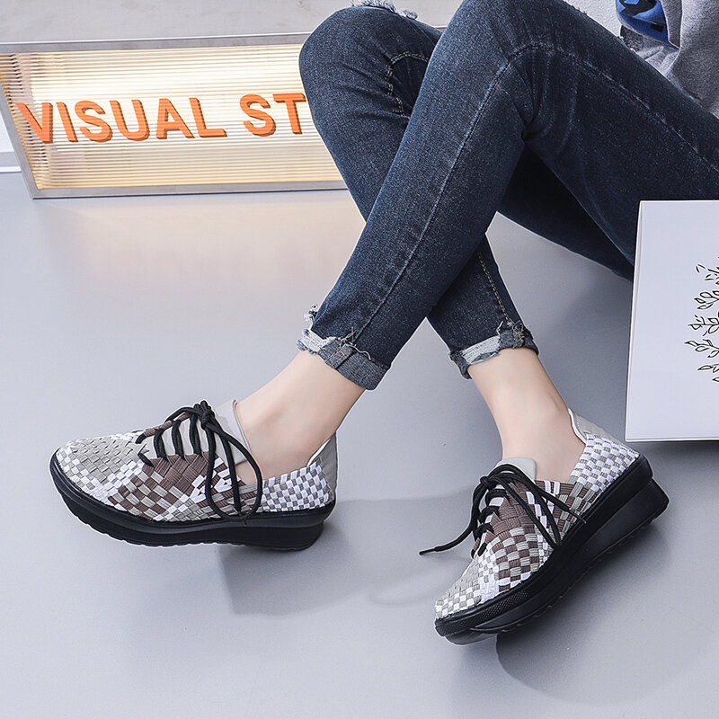 STRONGSHEN damska platforma ręcznie tkane buty kobiet wsuwa się na codzienne oddychające buty na koturnie wiązane buty obuwie damskie buty