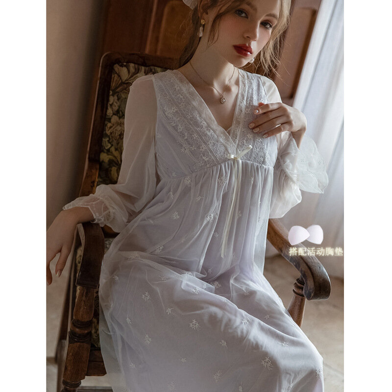 Female Long Nightgown Summer New Fairy Mesh Sleepwear Sexy V-Neck Lace Bathrobe Nightdress Palace Style Princess Home Dress