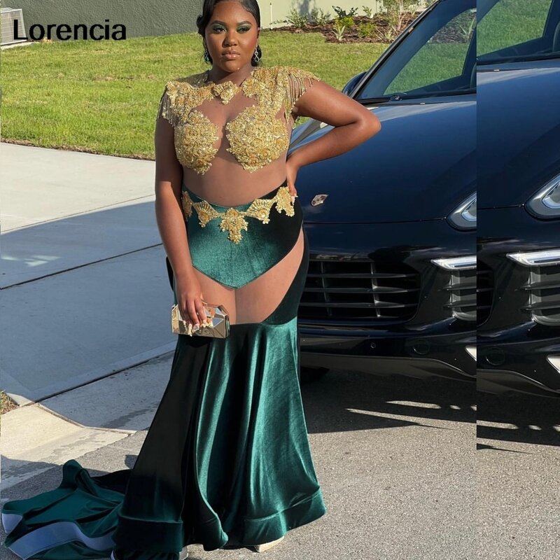 Lorencia Green Velvet Prom Dress 2024 For Black Girls Gold Crystal Tassel Rhinestone Beads Party Gala Gown Robe De Soiree YPD129