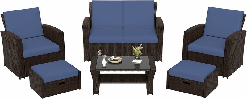 4/6 Piece Outdoor Patio Furniture Sets with Ottomans, Wicker Conversation Sets, Rattan Sofa Chair with Coffee Table