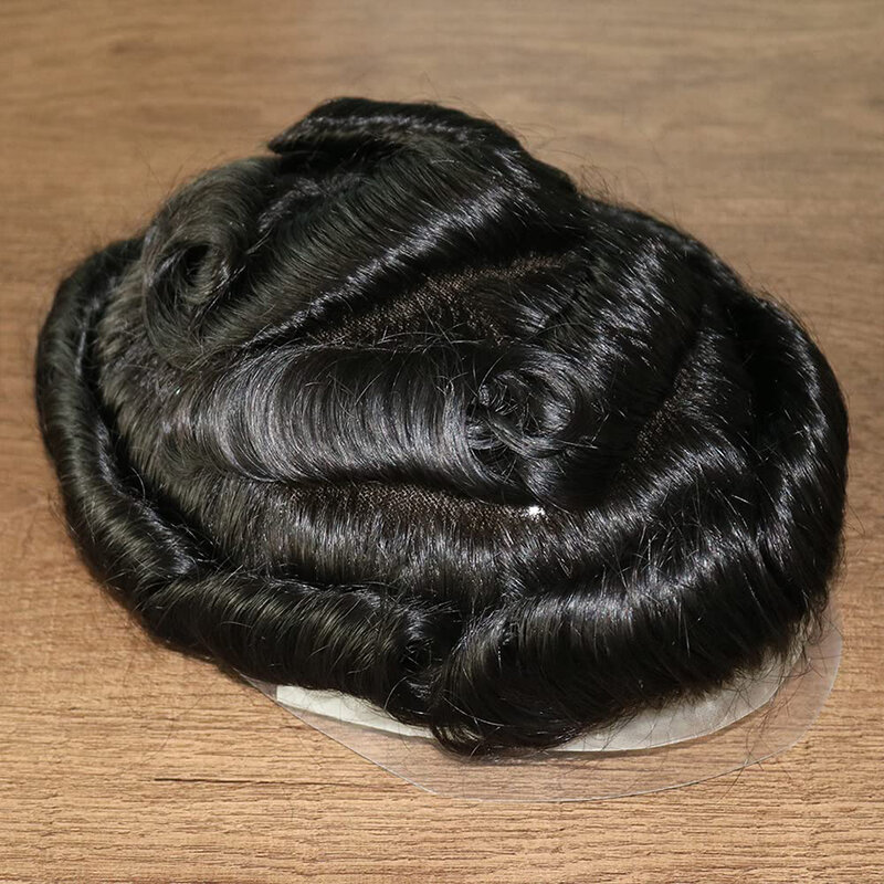Peruka męska miękka koronkowa podstawka naturalną linią włosów System wymiany męskich włosów proteza kapilarna oddychająca peruka dla mężczyzn