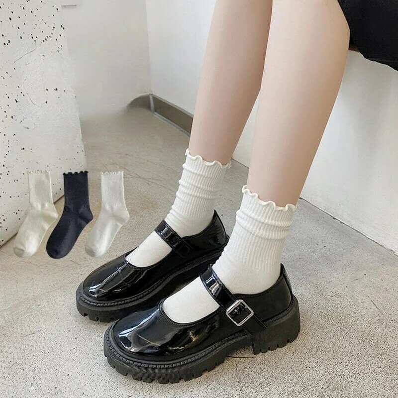 5/10 Pairs /Lot Socks Women Ruffle Cotton Middle Tube Sock Ankle Short Socks Breathable Black White Set Spring Autumn Funny Sock