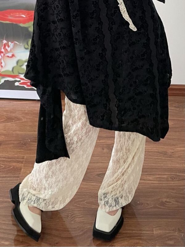 Houzhou กางเกงลายลูกไม้ Y2k วินเทจสำหรับผู้หญิง, กางเกงขายาว MODE Korea หรูหราสไตล์ญี่ปุ่น2000s ฤดูร้อนสวยงาม
