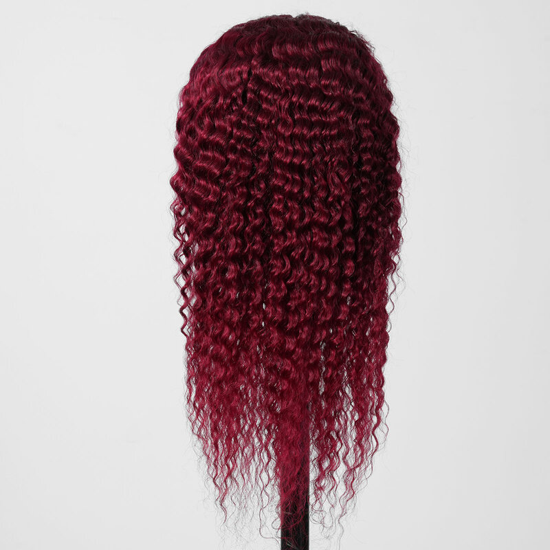 黒人女性のためのディープウェーウェーブレースフロントウィッグ、事前に摘み取られた人間の髪の毛、接着剤なしのウィッグ、ワインレッドカラー、24 "、13x4