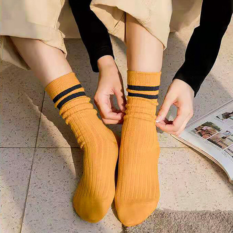 Pair Style Japanese Women Socks 1 Loose Socks High School Girls Harajuku Sock Solid Colors Needles Knitting Striped Cotton Socks