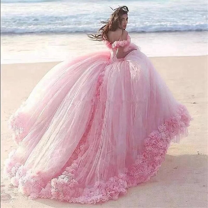 Vestido de novia rosa con espalda descubierta para mujer, traje elegante con hombros descubiertos y flores, color lila y azul, 2024