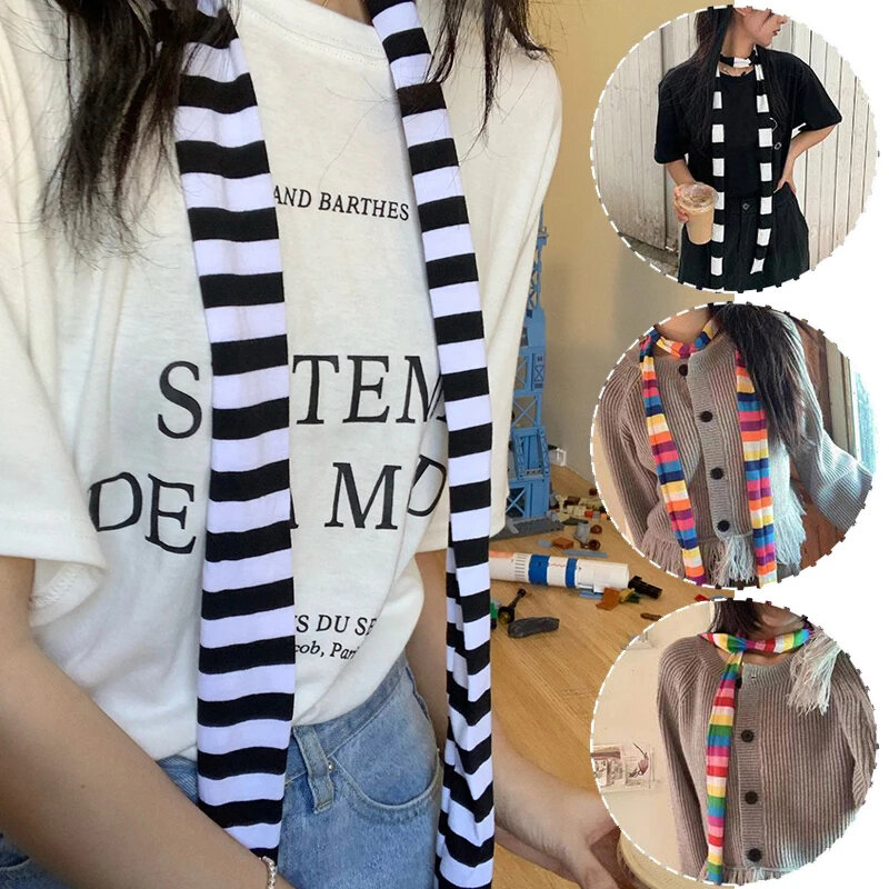 Lenço listrado preto e branco para mulheres, lenço longo e fino, xale punk quente, acessórios de vestuário Harajuka, Y2k
