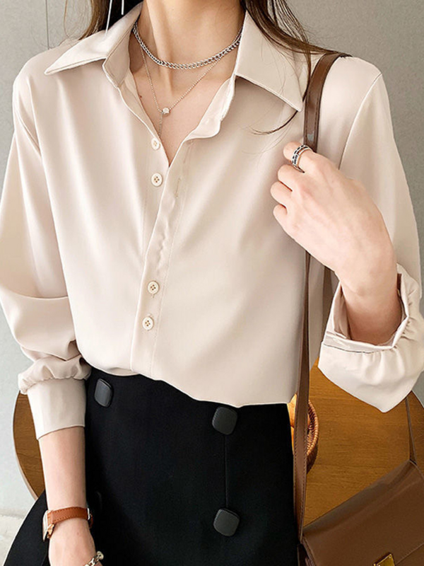 Deeptown Solid Satin Shirt for Women Chiffon Blouse Summer Thin Satin Silk Button Up Blouse Office Shirt Long Sleeve Tops Female
