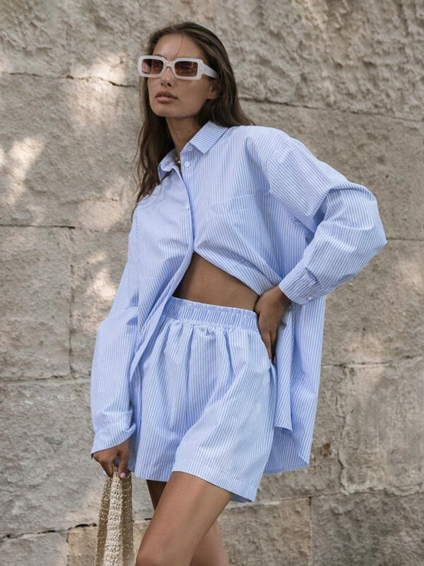 Marthaqiqi New 2024 Striped Female Nightwear Suit Turn-Down Collar Pajama Long Sleeve Nightgowns Shorts Casual Women Nightie Set