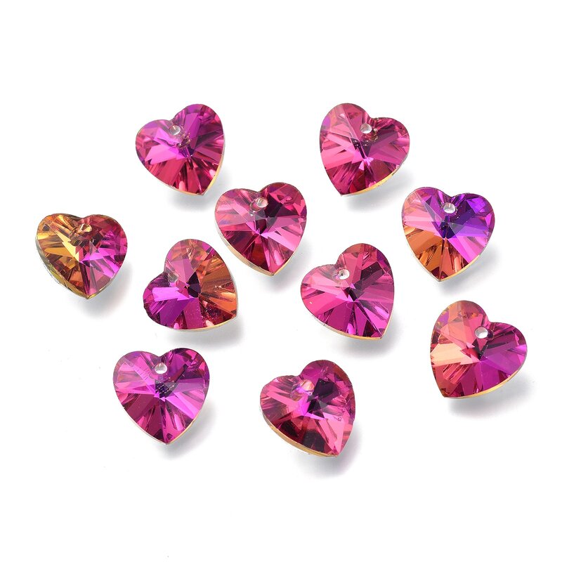 10pcs Love Heart Faceted Glass Charms Pendants Silver Color Back Plated For DIY Handmade Jewelry Bracelet Supplies 14x14x7.5mm