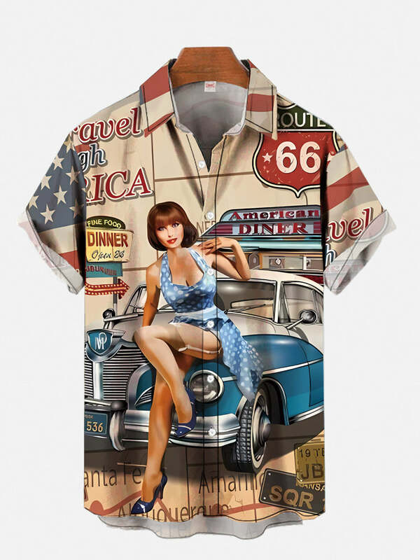 Camisa de manga corta con estampado de chica hawaiana, camisa Retro de moda para coche, póster de chica Pin Up, playa, 1970S-1980S, Hrajuku