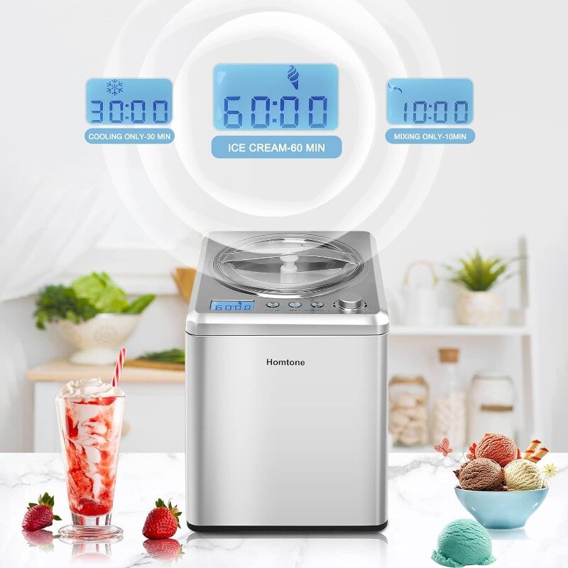 Homtone Eismaschine 2,64 Liter für die Herstellung von hausgemachtem Softeis, Gelato,Sorbet innerhalb von 60 Minuten