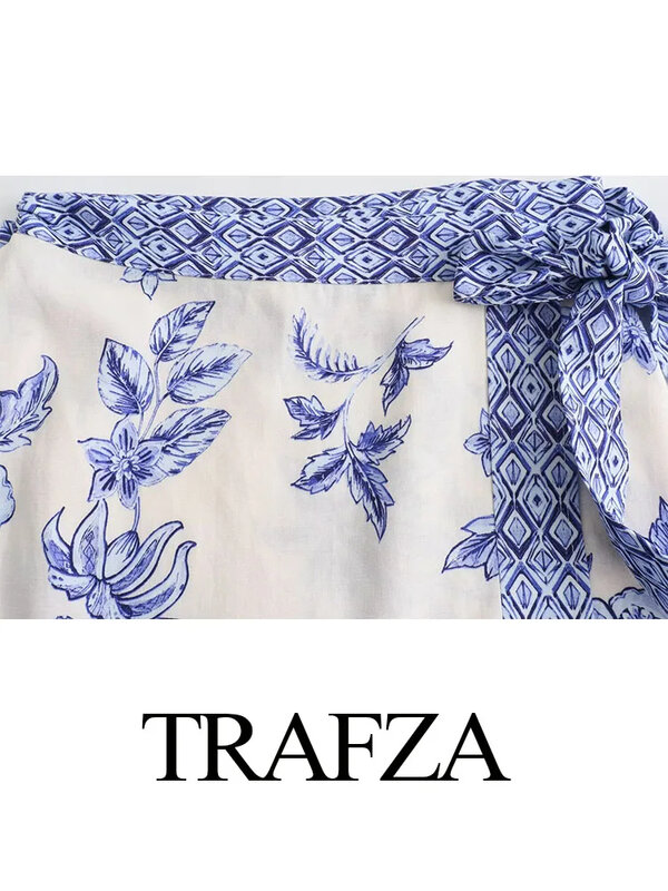 TRAFZA Women's Chic Lace-up Bow Decorated Printed Mini Skirt Summer Retro Beach Style High Waist Women's Slim Street Skirt Y2K