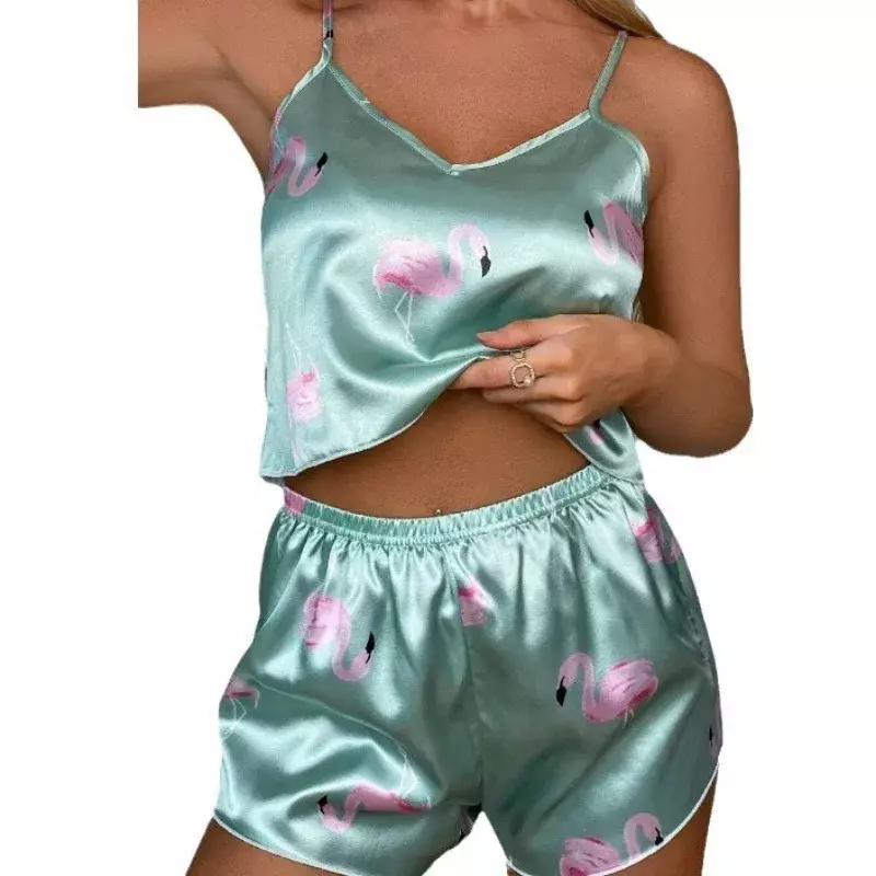 Conjunto de pijama feminino, pijama confortável, cetim de seda, shorts com estampa leopardo solto, roupas femininas, nova moda, verão