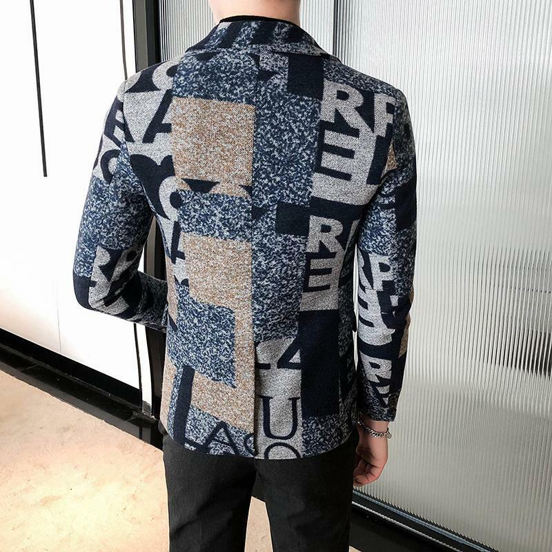 2-A33 Autumn Slim Woolen Printed Suit Men's Size S Fashion Trendy Youth Long Sleevt Versatile Casual Jacket