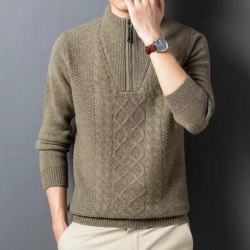 Мужской свитер, зимний плотный жаккардовый свитер с воротником-хомутом, на молнии