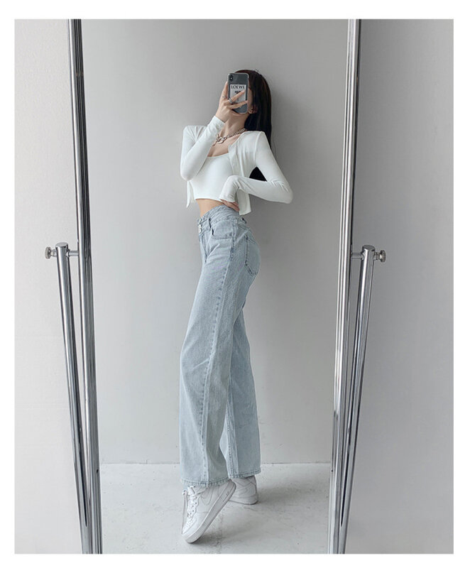 Vintage Style High Waisted Buttoned Jeans for Women's Clothing New Loose Fitting Trousers Pocket Blue Straight Wide Leg Pants