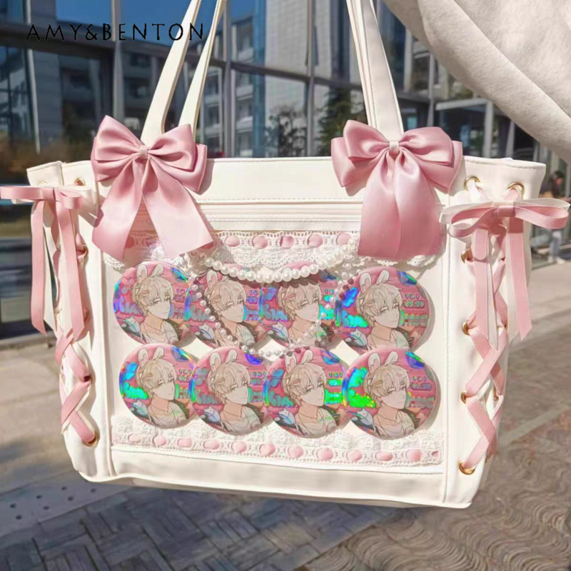 Japońska słodka kokarda sznurowana słodka torebka dużej pojemności torebka na ramię Gothic Y2K dla kobiet torba kwadratowa Kawaii