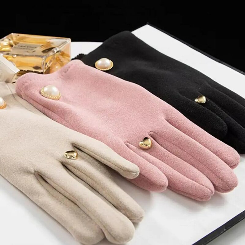 Guanti Touch Screen a due dita guanti da donna eleganti guanti invernali da donna antivento con bottone in finta perla per l'equitazione in moto