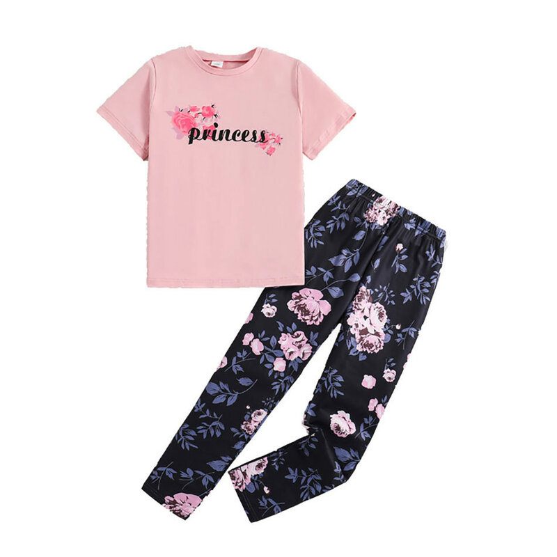 8-12 anni ragazze New Printed Pink Top a maniche corte + pantaloni neri stampati Set di due pezzi Summer Casual Girl Set a maniche corte