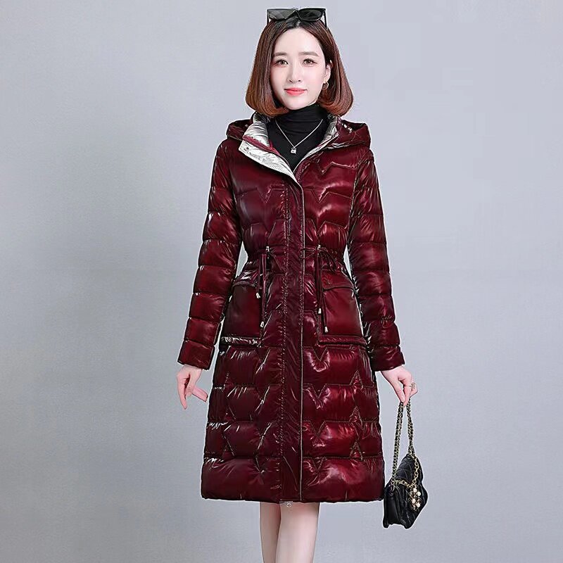 여성용 광택 다운 재킷, 긴 후드 파카, 따뜻한 코튼 코트, 여성 아웃웨어, 겨울 패션, 2023 신상 하이 퀄리티