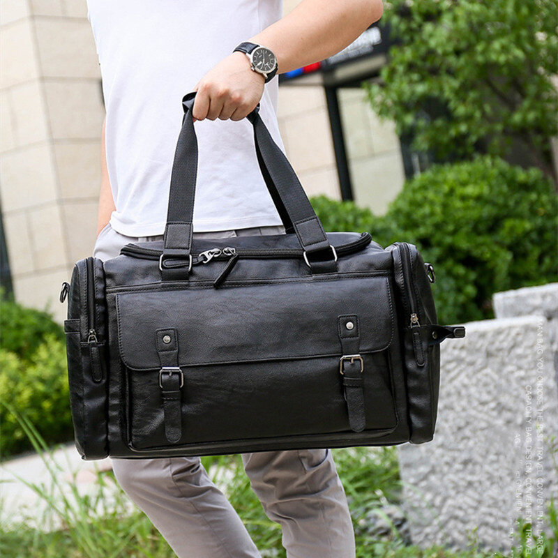 男性用PUレザービジネストラベルトートバッグ、大容量、ラゲッジバッグに運ぶ、週末のダッフルハンドバッグ、男性用ショルダーバッグ、フィットネスバッグ