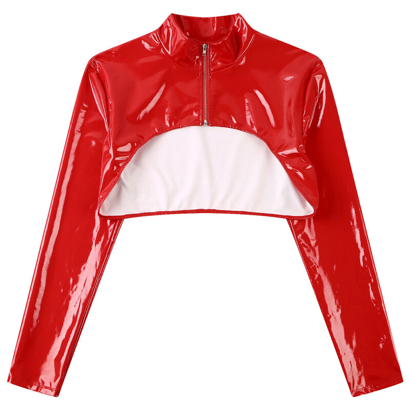 Womens Glossy Patent Leather Cop Top Stand Collar Zipper giacche Ultra corte manica lunga manica a braccio Shrug Dance Party Clubwear