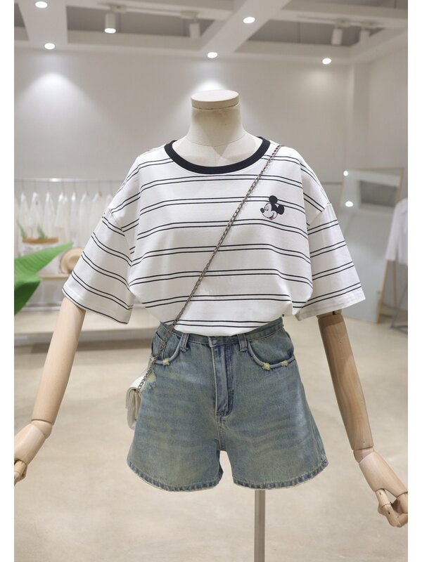 T-shirt de manga curta para mulher, top simples às riscas com desenho animado, solta e emagrecedora, algodão, nova, verão, 2021