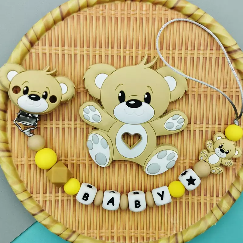 Kustom Inggris Rusia silikon nama huruf Beruang bayi manik-manik silikon liontin klip dot rantai Teether bayi Kawaii hadiah mainan