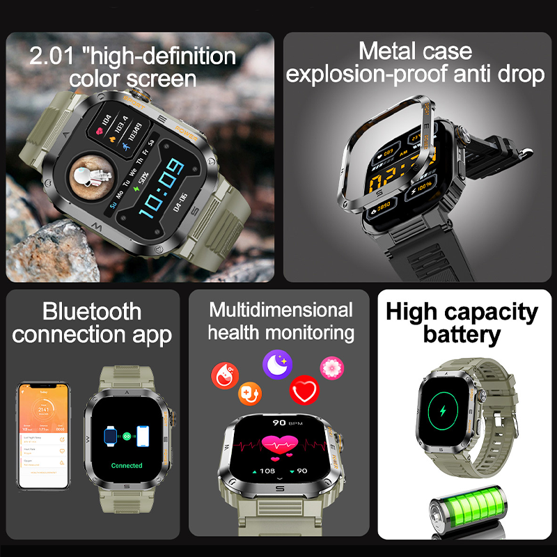 Robuste und langlebige militärische Smartwatch IP68 wasserdicht 2,01 ''HD-Display Bluetooth Voice Smartwatch für Android iOS Xiaomi