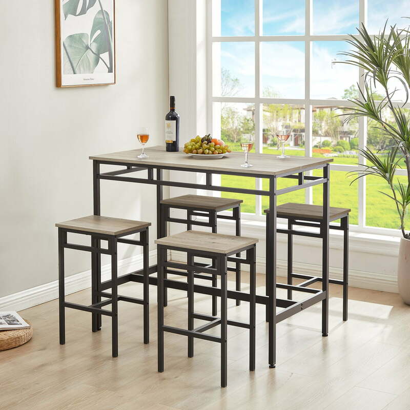 5 피스 바 테이블 세트, 산업용 카운터 높이 펍 테이블, 주방 레스토랑용 스툴 4 개 포함, 회색