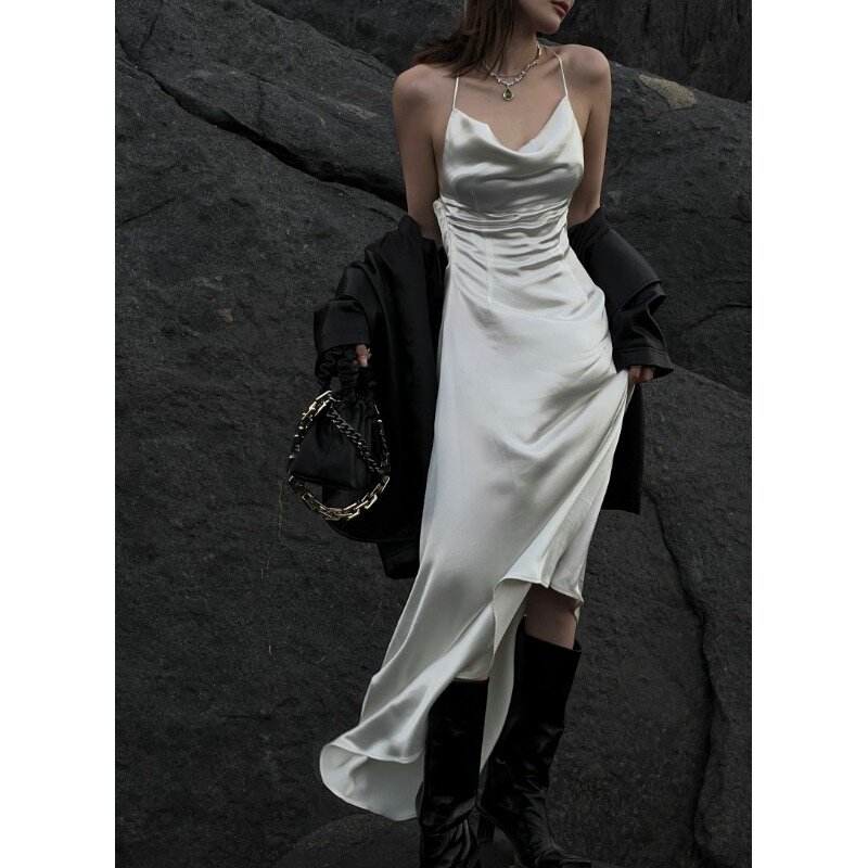 HOUZHOU damska elegancka sukienka seksowna satyna biała bez pleców letnia nowa moda Bodycon wieczorowa suknia weselna koreańska szata Femme