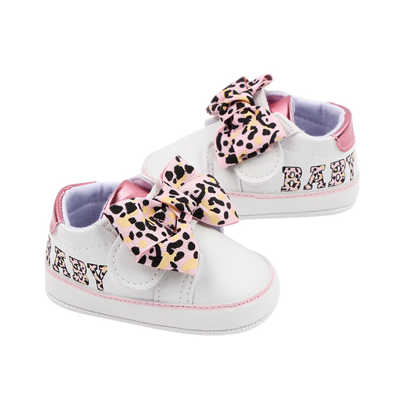 Baby Meisje Sneaker Mode Non-Slip Strik Letters Luipaardprint Flats Eerste Wandelschoenen Voor Casual Dagelijks