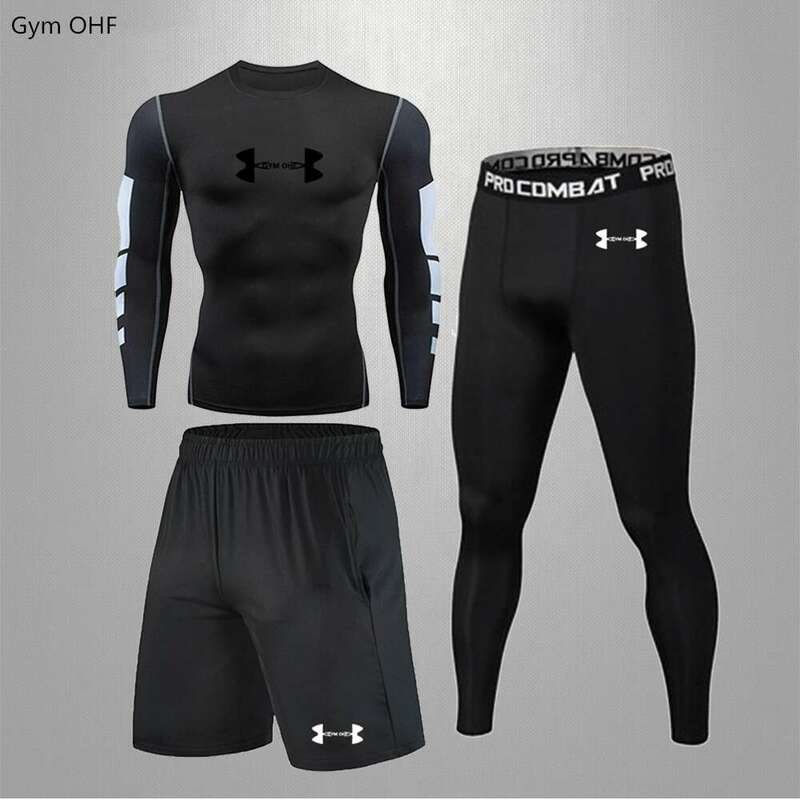 Mens Training Sportswear Set Gym Fitness Compression Tracksuit Suit Jogging Tight Sports Wear Clothes Dry Fit Lycra Leggings