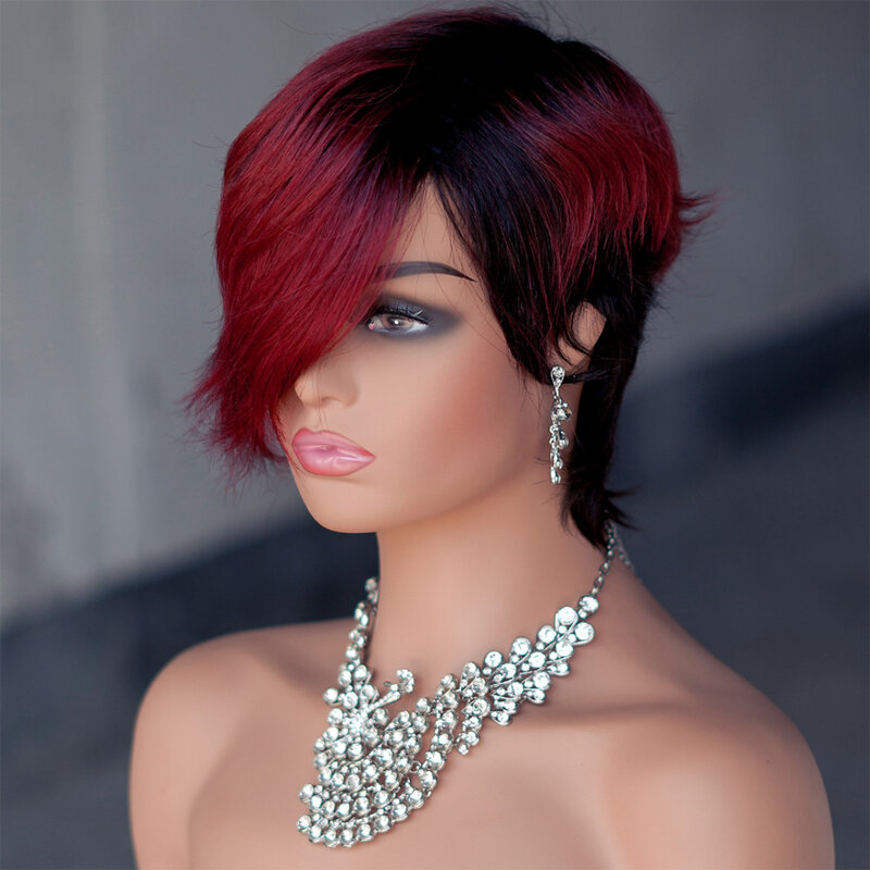 Burgundy Red Ombre Human Hair Wigs Machine Made Wig Short Straight Bob Pixie Cut Wig With Bangs For Women Brazilian Remy Hair
