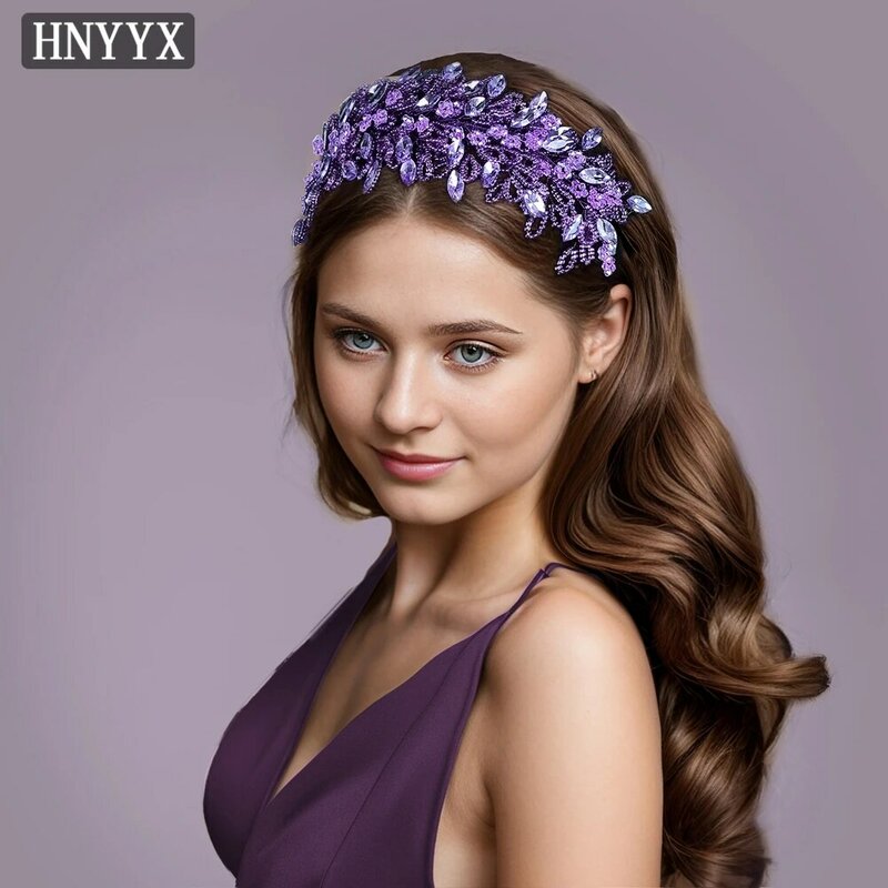 HNYYX Crystal Beaded Leaves For Women Headband Handmade Retro Rhinestone Head Hoop Girls Bridal Wedding A165 Purple