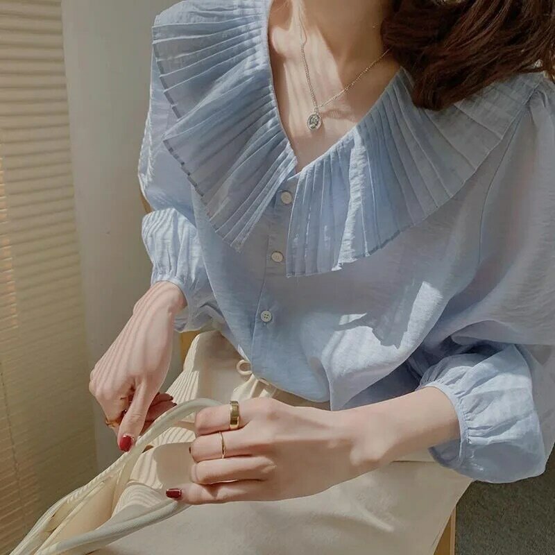 QWEEK-Blusa de manga corta para mujer, camisa de gran tamaño con cuello Peter Pan, informal, estética coreana