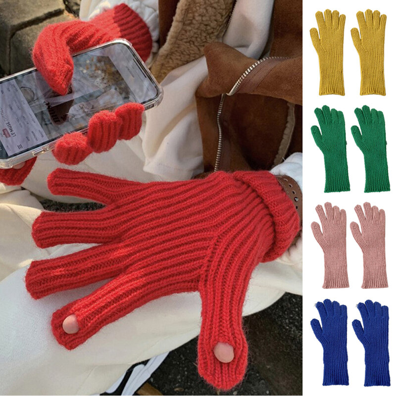 Full Fingers Gloves Thicken Elastic Long Gloves Winter Warm Gloves Five Finger Gloves Solid Color Jacquard Cuffs Long Mittens