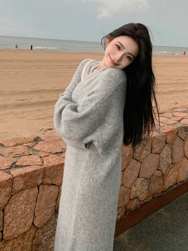 Deeptown-Cardigã longo cinza vintage feminino, suéter de manga longa luxuoso coreano, outerwear elegante de malha quente, outono e inverno