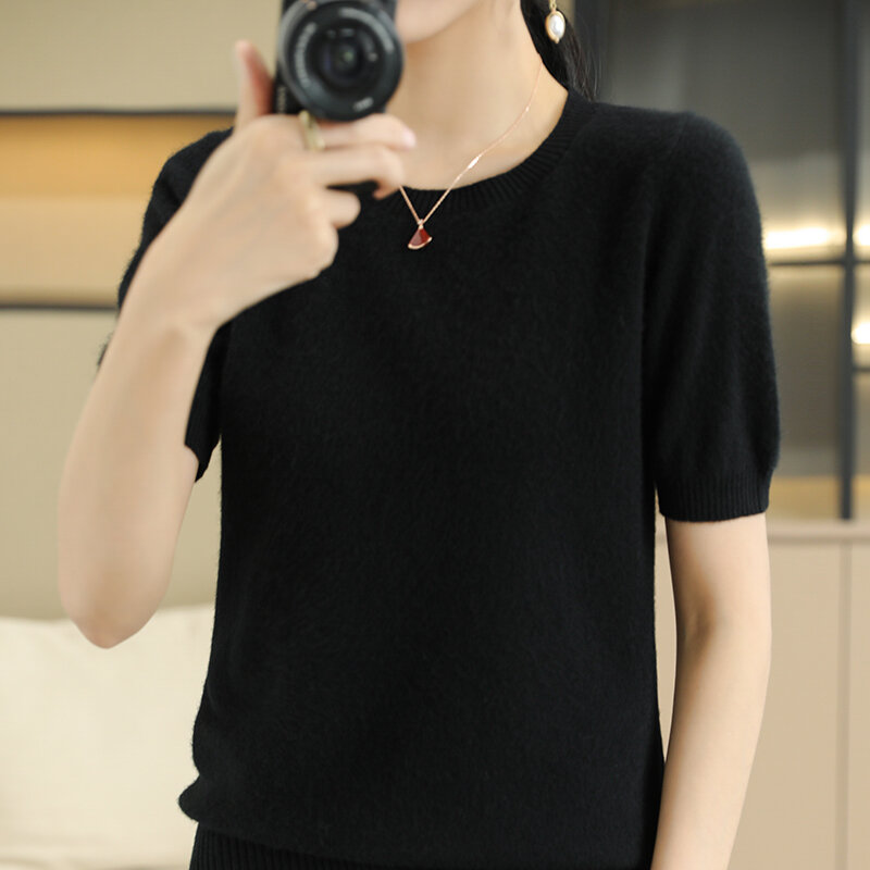 Round Neck Sweater Women's Short-Sleeved Spring And Summer New Solid Color Bottoming Shirt Loose All-Match Thin Pullover Sweater