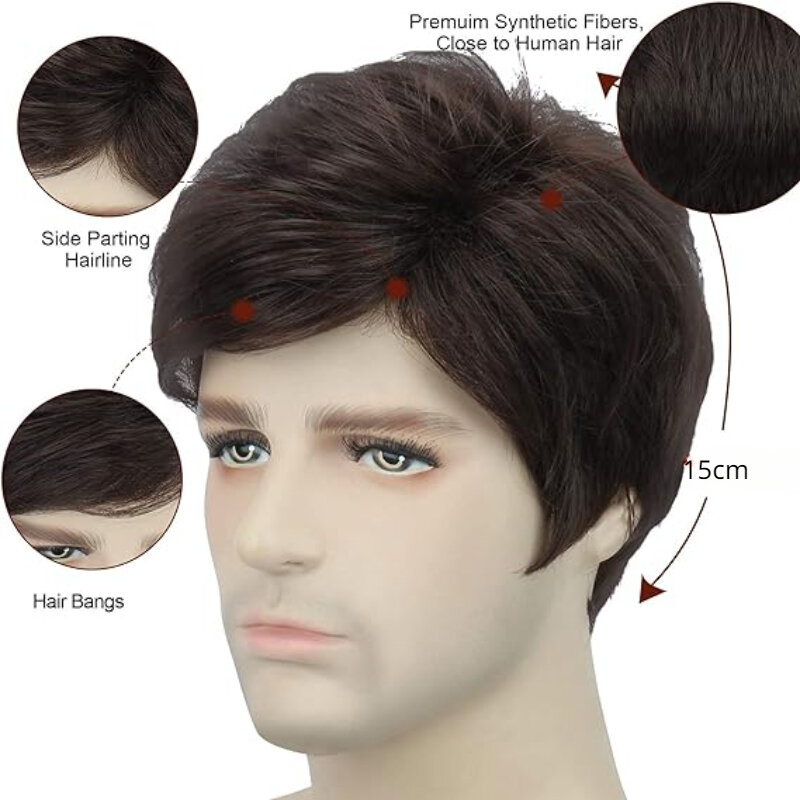 Wig rambut keriting pendek untuk pria, rambut palsu sintetis tampak alami tahan panas untuk pesta sehari-hari mudah dipakai dan digunakan untuk pria