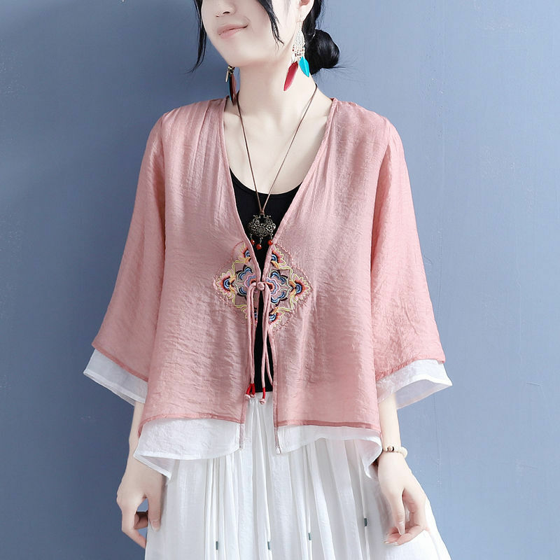 Camisa retrô de algodão tang chinesa feminina, nó bordado, botão, vestido de chá zen, blusa solta com decote em v, nova moda, primavera, 2021