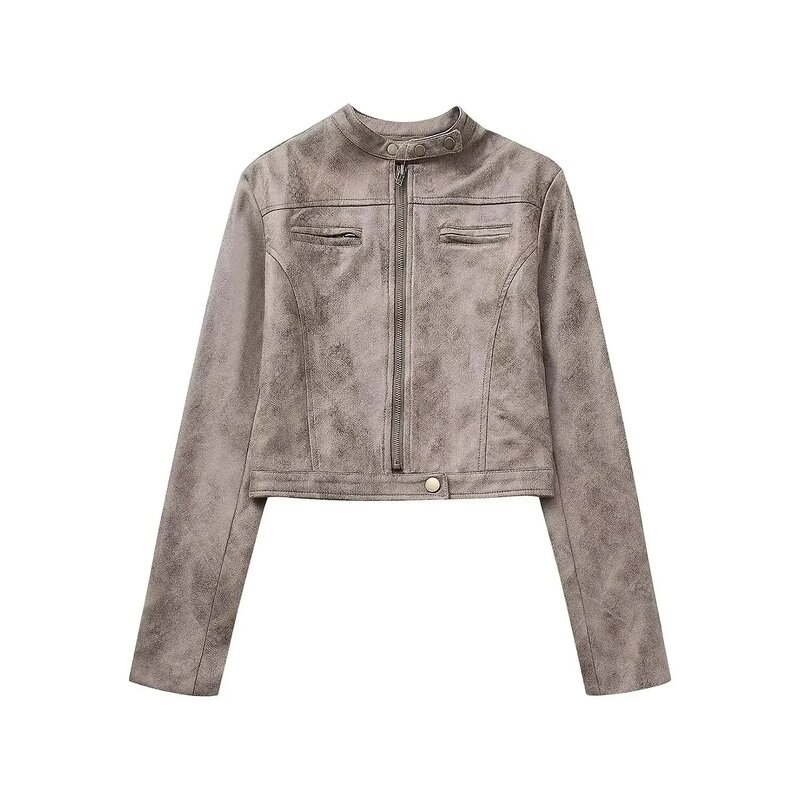 Women New Fashion Buckle decoration Cropped Faux Leather Slim Jacket Coat Vintage Long Sleeve Zipper Female Outerwear Chic Tops