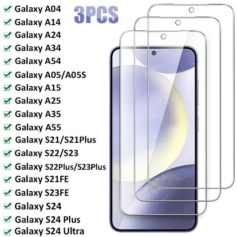 3 шт. закаленное стекло для Samsung Galaxy S24 S23 S22 Plus S21FE A04 A14 A54 A34 A15 A25 A05S A35 A55, защитная пленка для экрана, стекло